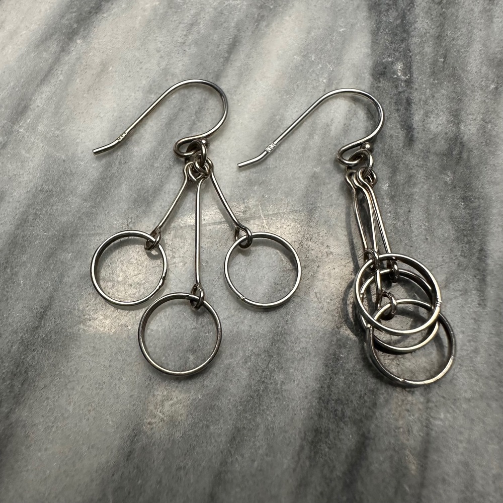 925 Sterling Silver Geometric Triple Circle Dangle‎ Earrings French Hook 1.75in